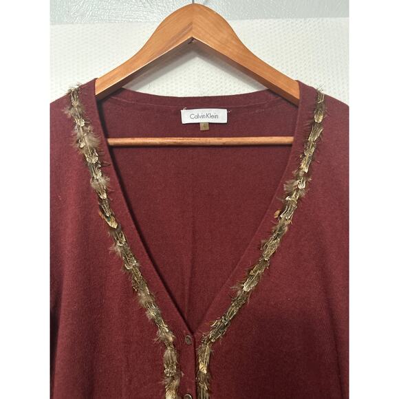 Calvin Klein Womens Cardigan Brown Fringe Trim Button Up Sweater Size Large - Picture 2 of 11
